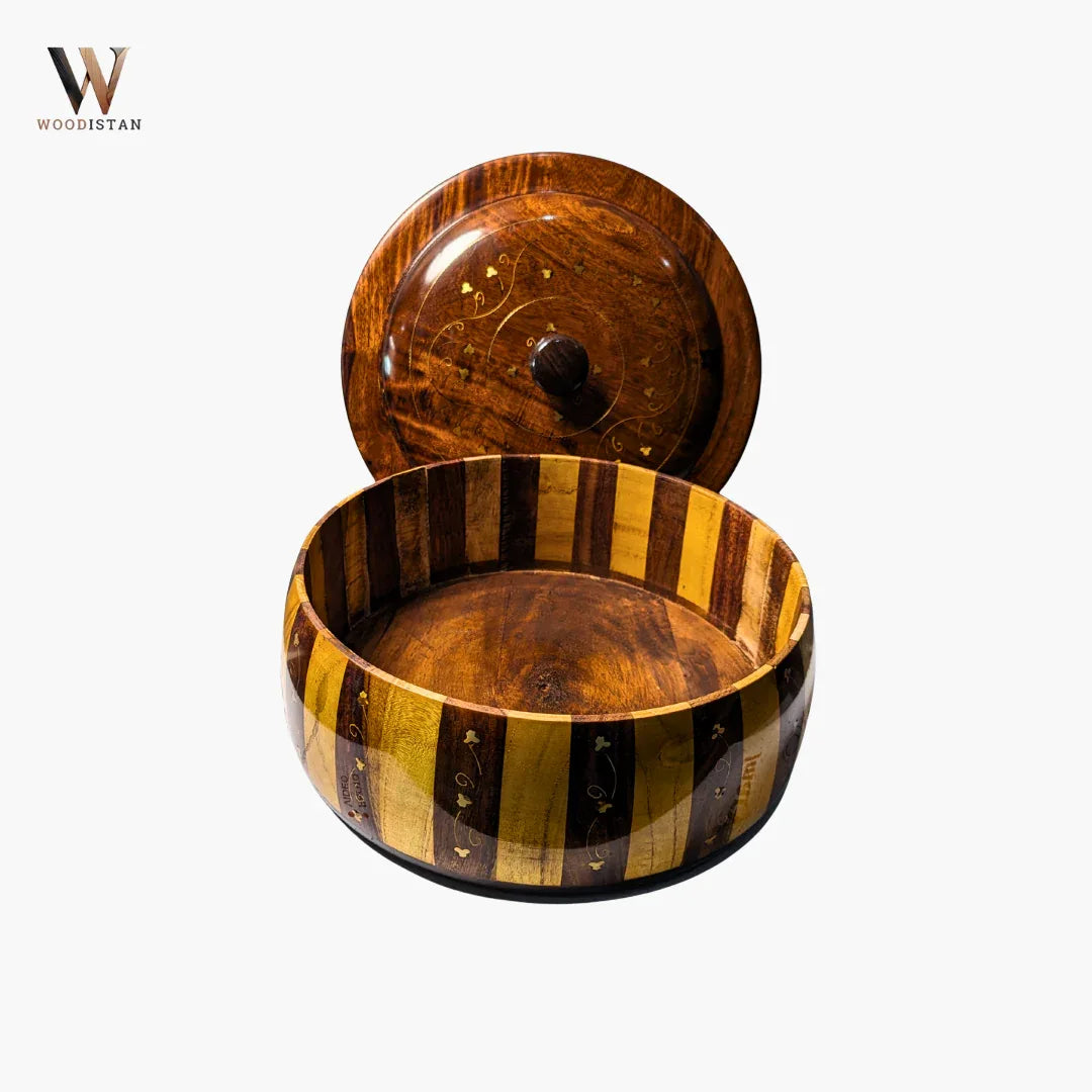 Handmade Wooden Striped Chapati Hotpot with Brass Artistry - Woodistan