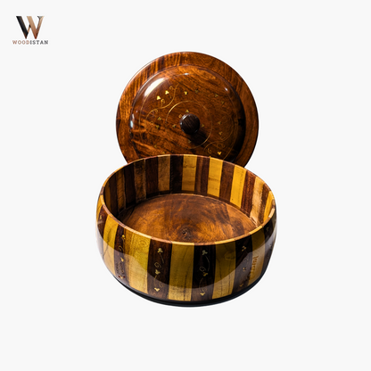 Handmade Wooden Striped Chapati Hotpot with Brass Artistry