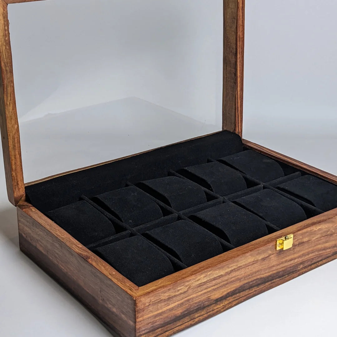 Wooden Watch Box with Glass Lid, Plain Design & Shape-Holding Cushions – Organizer for 10 Watches
