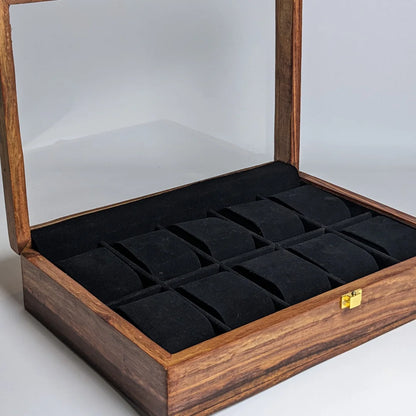 Wooden Watch Box with Glass Lid, Plain Design & Shape-Holding Cushions – Organizer for 10 Watches