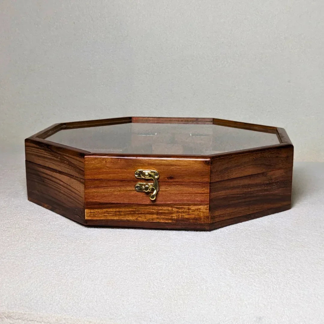Wooden Octagon Dry Fruit Box with Glass Lid - Large - Woodistan
