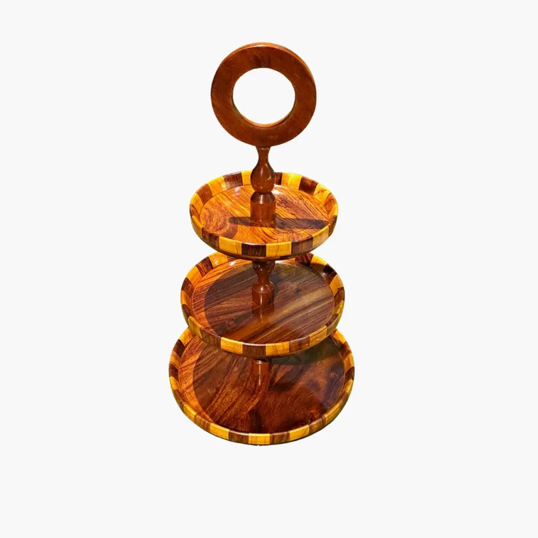 Wooden 3 Tier Round Serving Station - Checkered Pattern - Woodistan