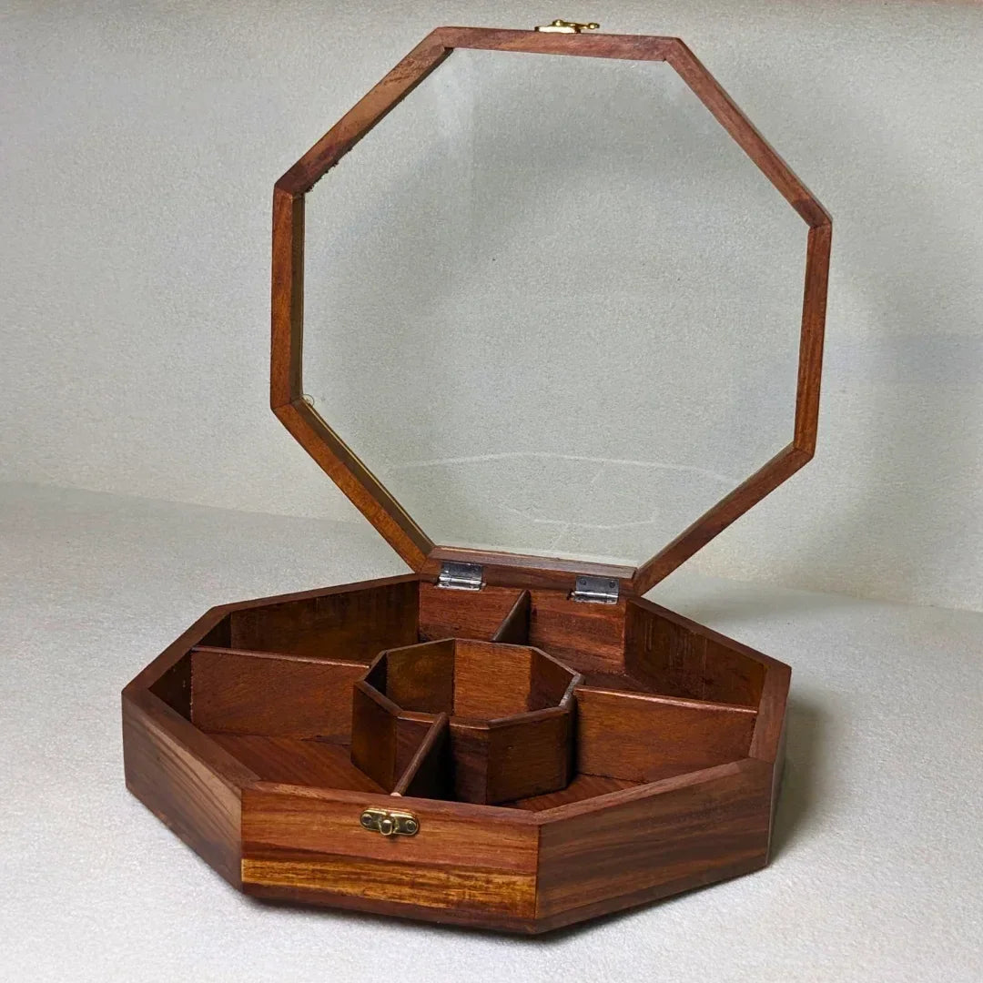 Wooden Octagon Dry Fruit Box with Glass Lid - Large - Woodistan