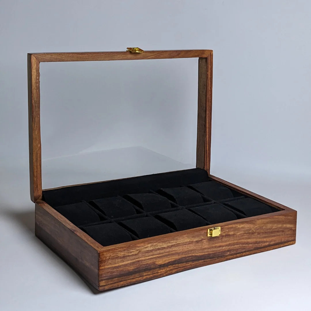 Wooden Watch Box with Glass Lid, Plain Design & Shape-Holding Cushions – Organizer for 10 Watches