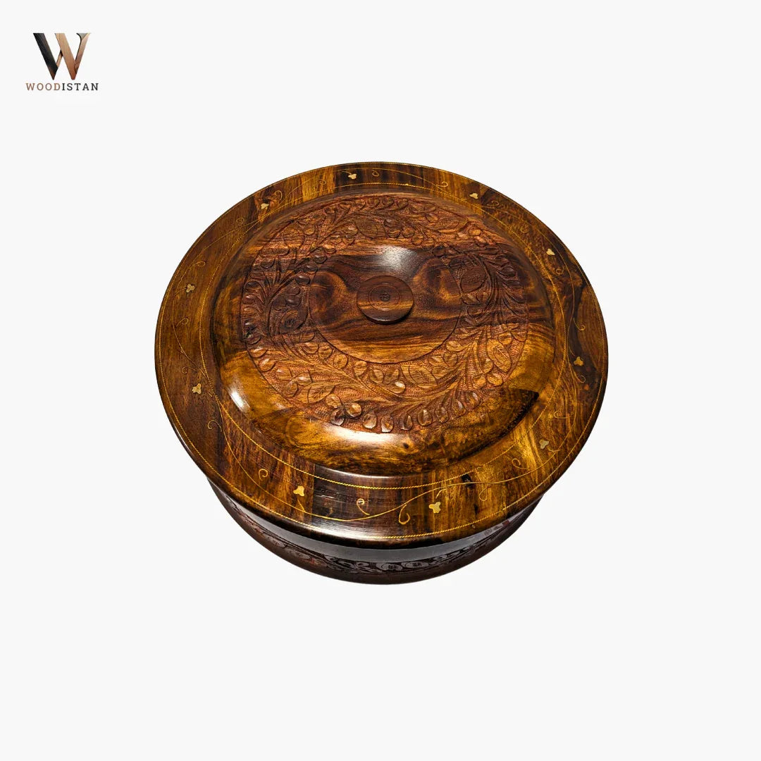 Handmade Wooden Chapati Hotpot with Carving & Brass Artwork - Woodistan