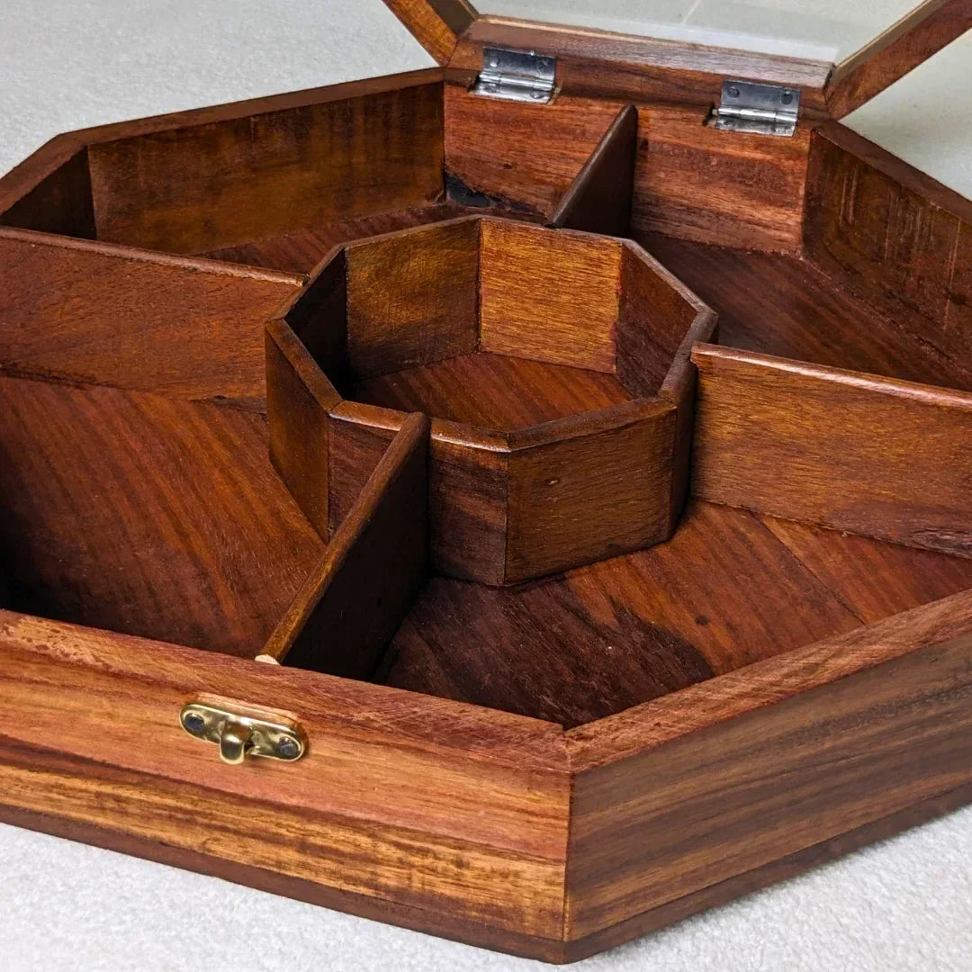 Wooden Octagon Dry Fruit Box with Glass Lid - Large - Woodistan
