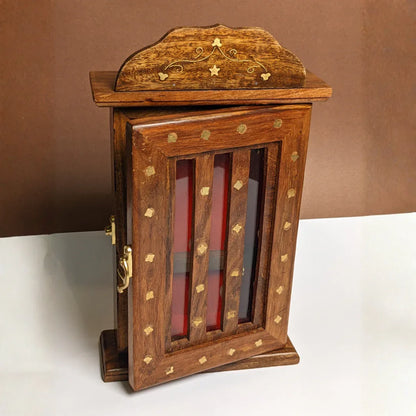 Handmade Wooden Wall Mounted Key Box with Glass Panel and 6 Key Hooks - Woodistan