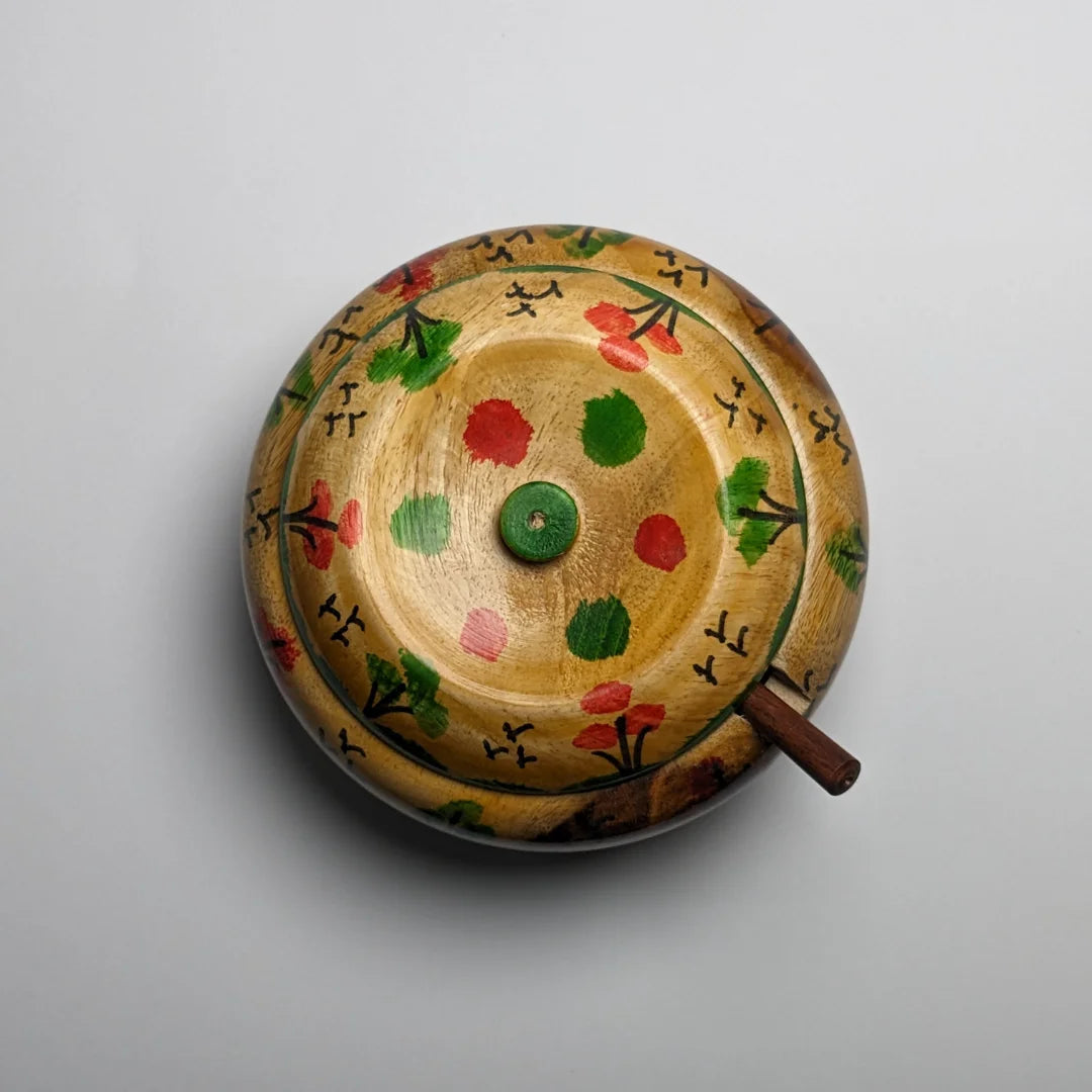 Hand-Painted Wooden Sugar Pot with Lid & Spoon