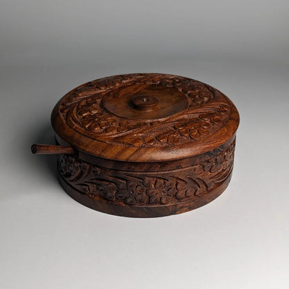Hand-Carved Wooden Sugar Pot with Lid & Spoon