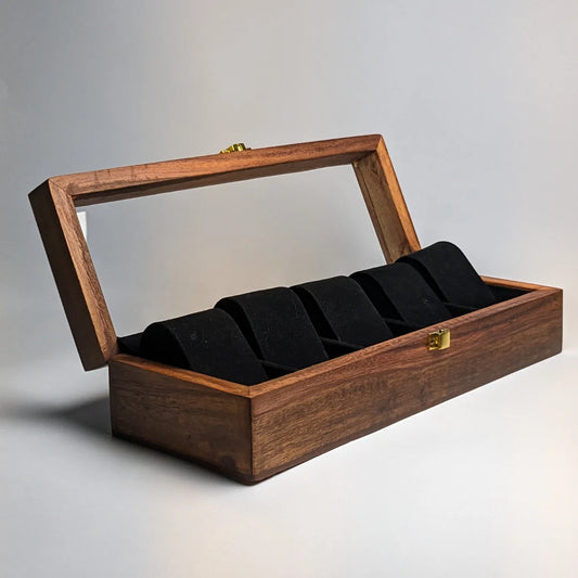Wooden Watch Box with Glass Lid & Shape-Holding Cushions – Organizer for 5 Watches