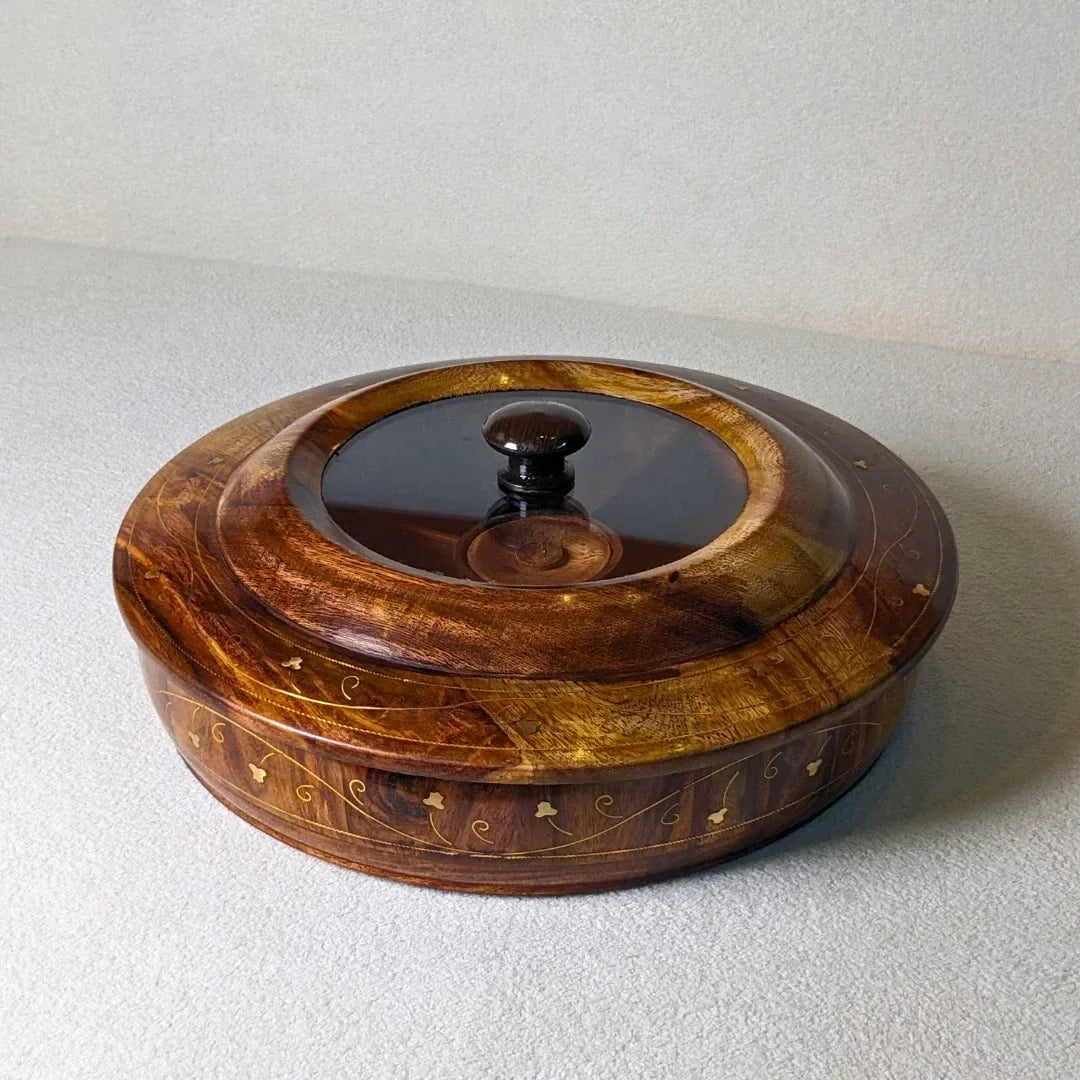 Wooden Dry Fruit Box with Glass Lid & Brass Art - Woodistan