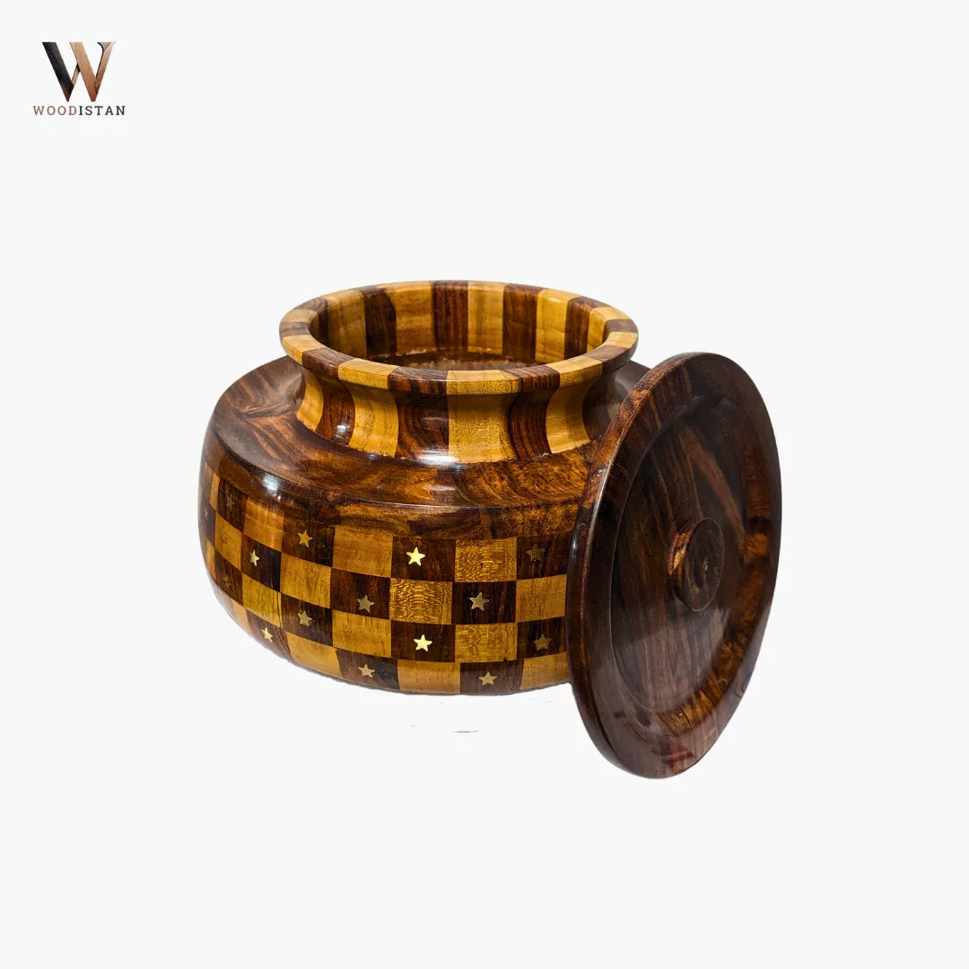 Handmade Wooden Daig Style Chapati Hotpot with Checkered Pattern - Woodistan