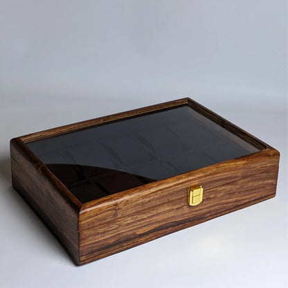 Wooden Watch Box with Glass Lid, Plain Design & Shape-Holding Cushions – Organizer for 10 Watches