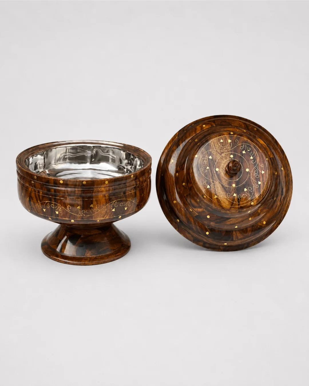 Colossal Wooden Hotpot — Real Brass Artistry on Sheesham Wood with Stainless Steel Inner Bowl