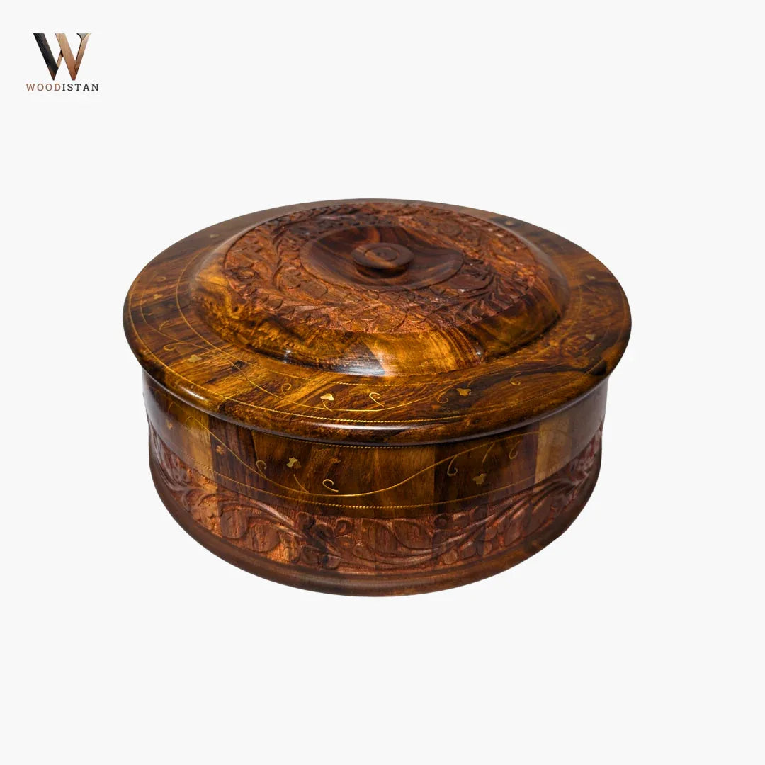 Handmade Wooden Chapati Hotpot with Carving & Brass Artwork - Woodistan