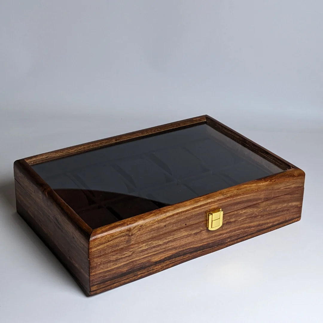 Wooden Watch Box with Glass Lid, Plain Design & Shape-Holding Cushions – Organizer for 10 Watches
