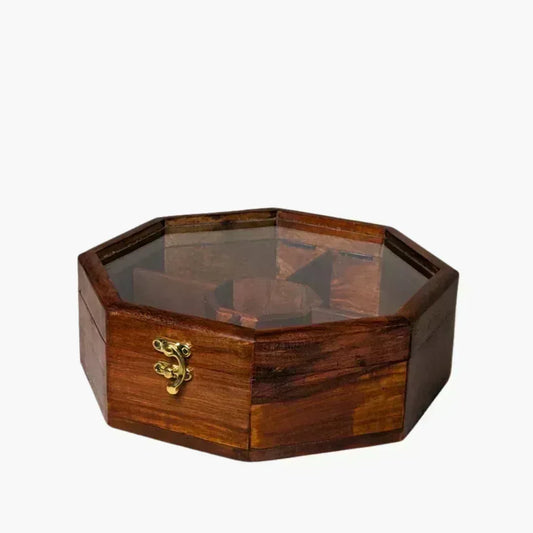Wooden Octagon Dry Fruit Box with Glass Lid - Woodistan