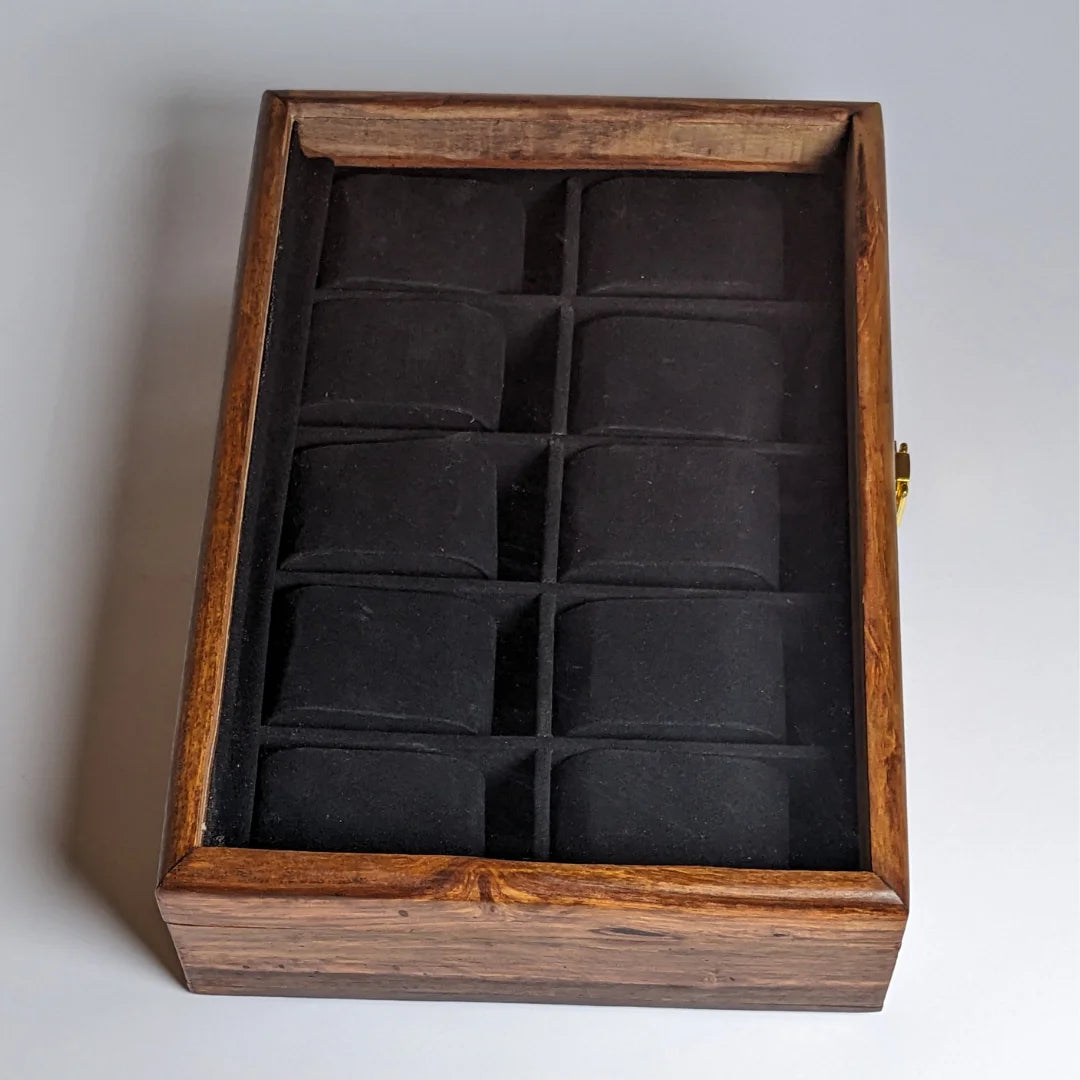 Wooden Watch Box with Glass Lid, Plain Design & Shape-Holding Cushions – Organizer for 10 Watches