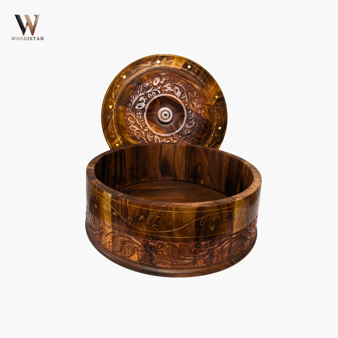 Handmade Wooden Chapati Hotpot with Carving & Brass Artwork - Woodistan
