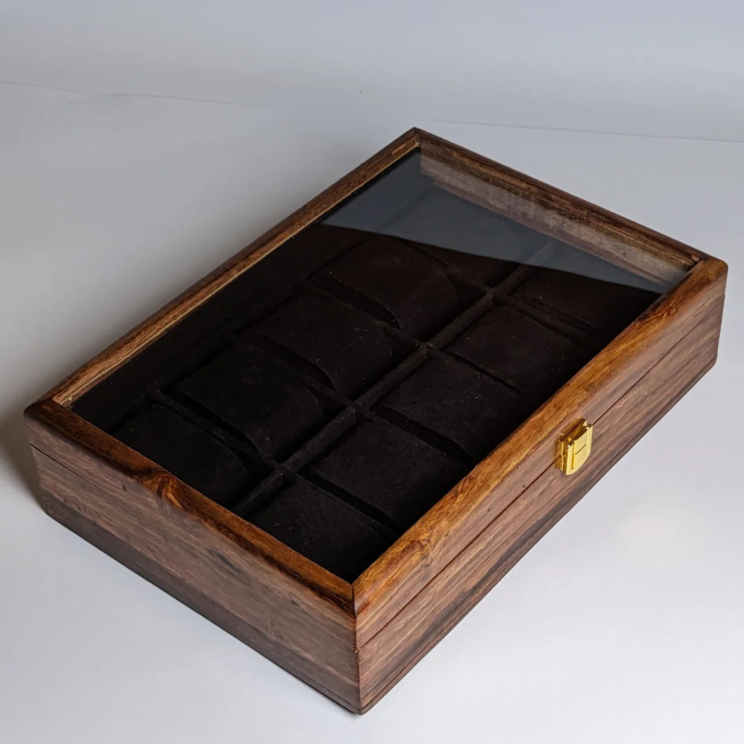 Wooden Watch Box with Glass Lid, Plain Design & Shape-Holding Cushions – Organizer for 10 Watches