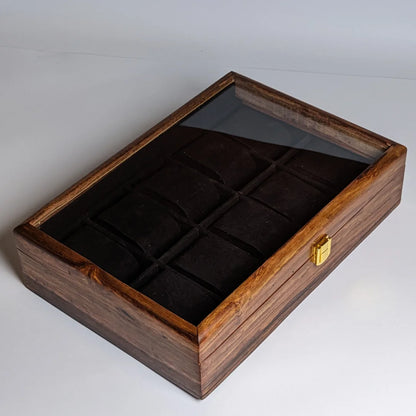 Wooden Watch Box with Glass Lid, Plain Design & Shape-Holding Cushions – Organizer for 10 Watches