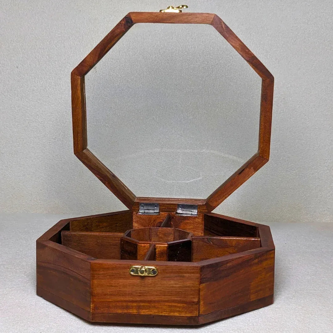Wooden Octagon Dry Fruit Box with Glass Lid - Woodistan