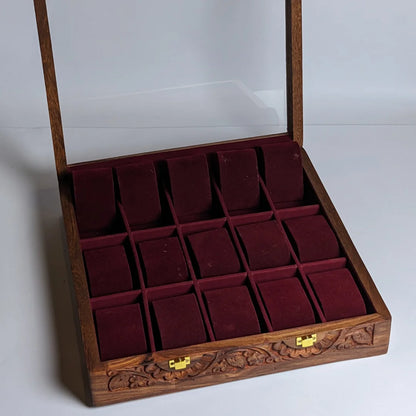 Wooden Watch Box with Glass Lid, Carving Art & Shape-Holding Cushions – Organizer for 15 Watches