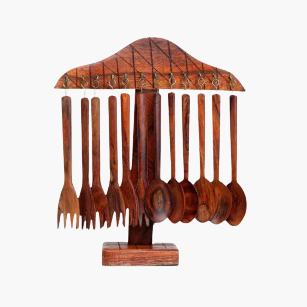 Wooden Spoon & Fork Set with Stand