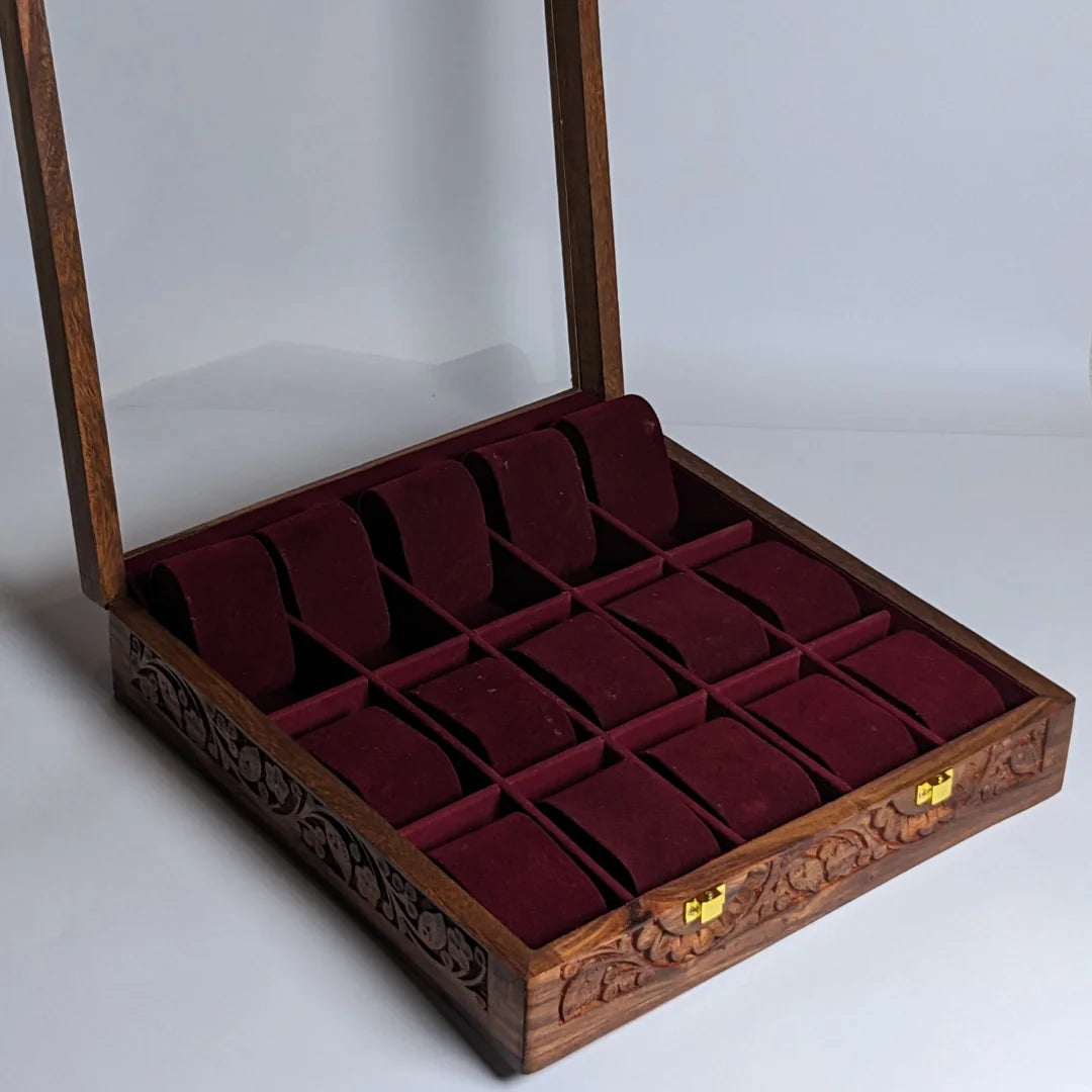 Wooden Watch Box with Glass Lid, Carving Art & Shape-Holding Cushions – Organizer for 15 Watches