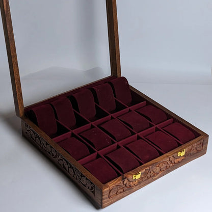 Wooden Watch Box with Glass Lid, Carving Art & Shape-Holding Cushions – Organizer for 15 Watches