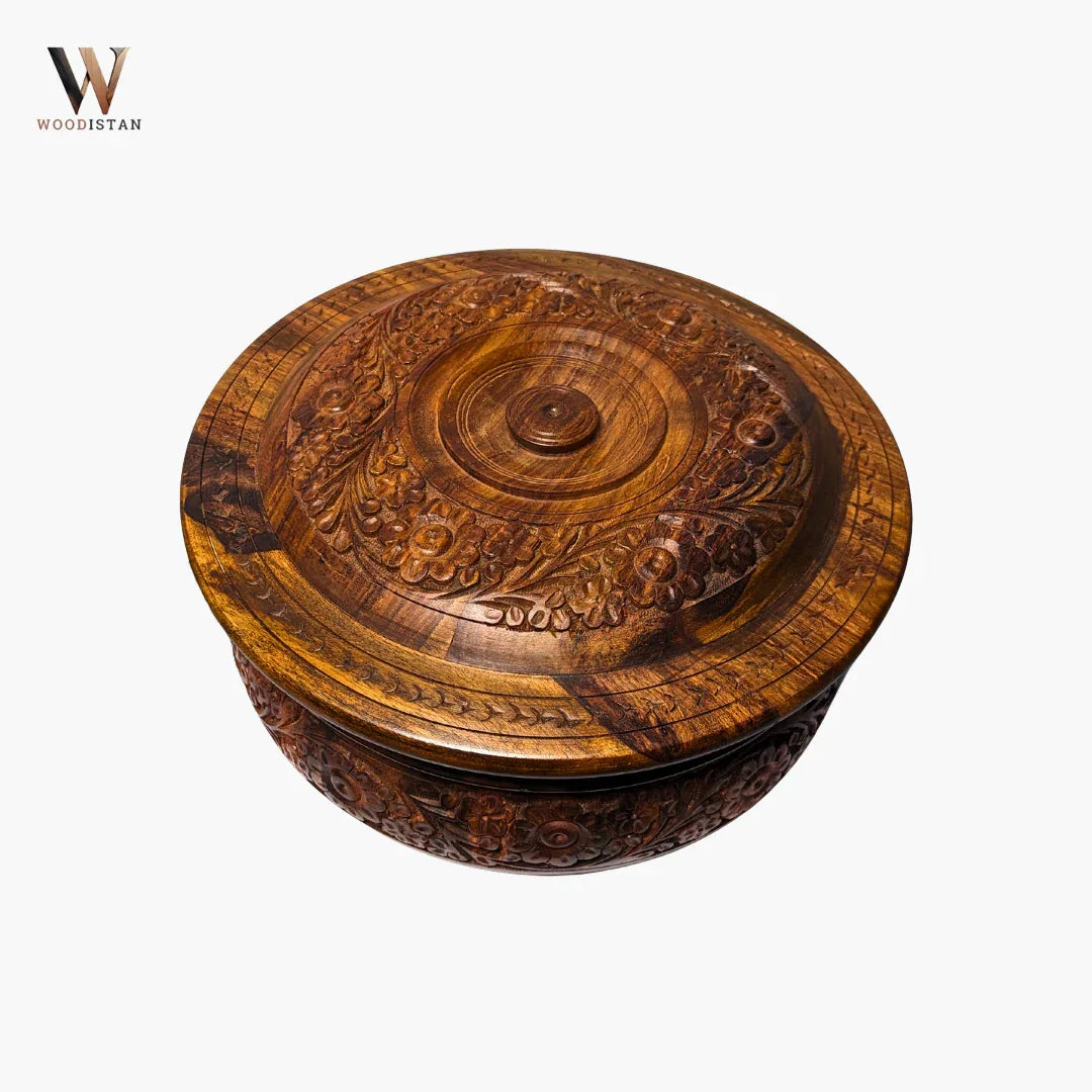 Handmade Wooden Chapati Hotpot with Carving Art - Woodistan
