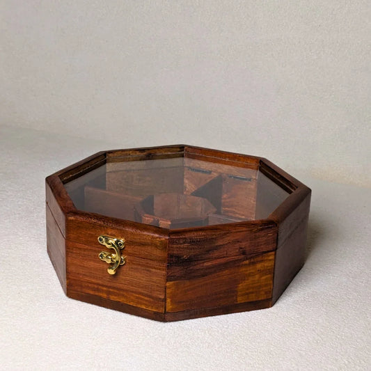 Wooden Octagon Dry Fruit Box with Glass Lid