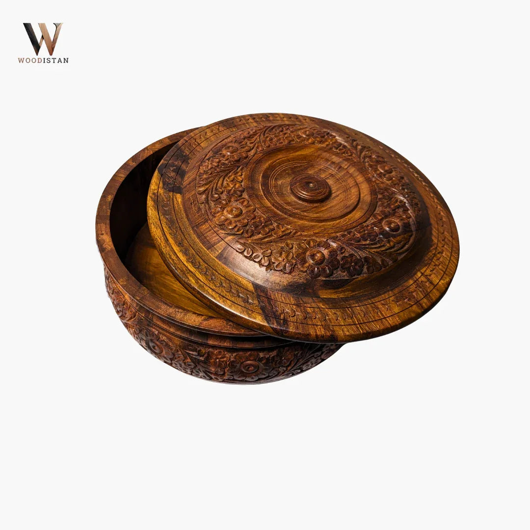 Handmade Wooden Chapati Hotpot with Carving Art - Woodistan