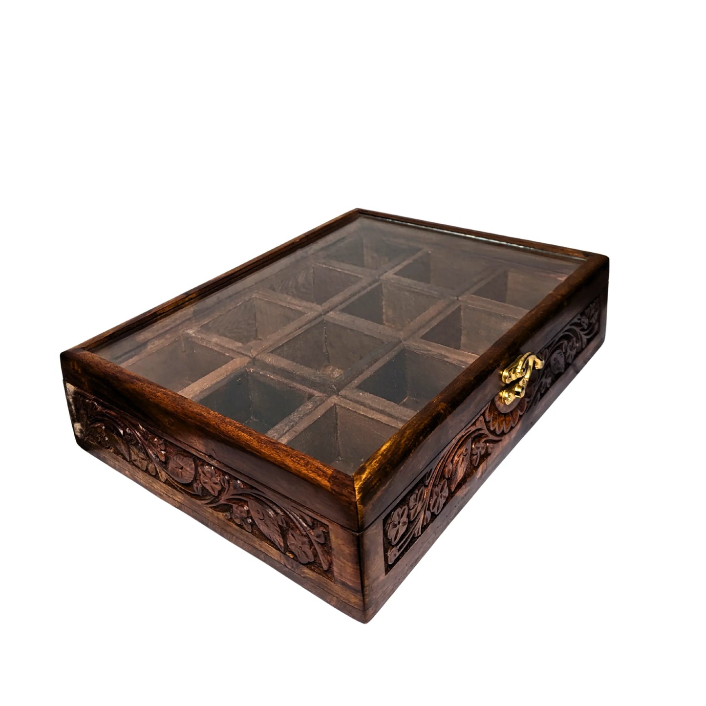 12 Portion Wooden Spices Box with Carving Art - Traditional Kitchen Storage