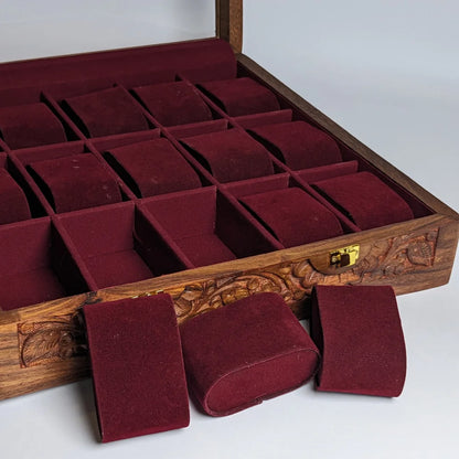 Wooden Watch Box with Glass Lid, Carving Art & Shape-Holding Cushions – Organizer for 15 Watches