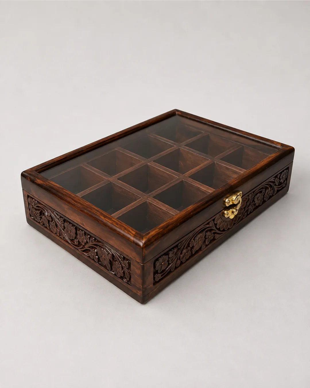 12 Portion Wooden Spices Box with Carving Art - Traditional Kitchen Storage