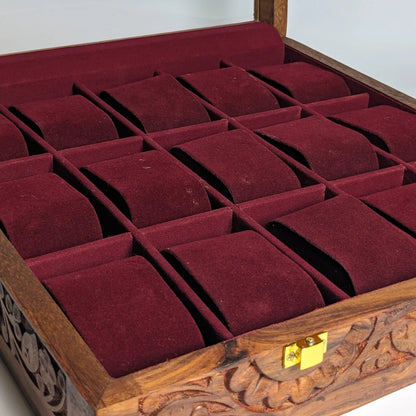 Wooden Watch Box with Glass Lid, Carving Art & Shape-Holding Cushions – Organizer for 15 Watches