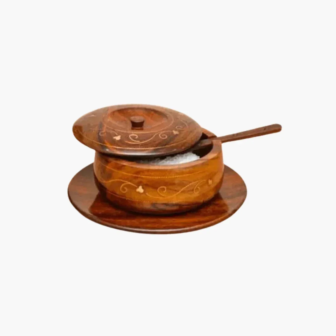 Wooden Sugar Pot with Brass Engraving - Woodistan