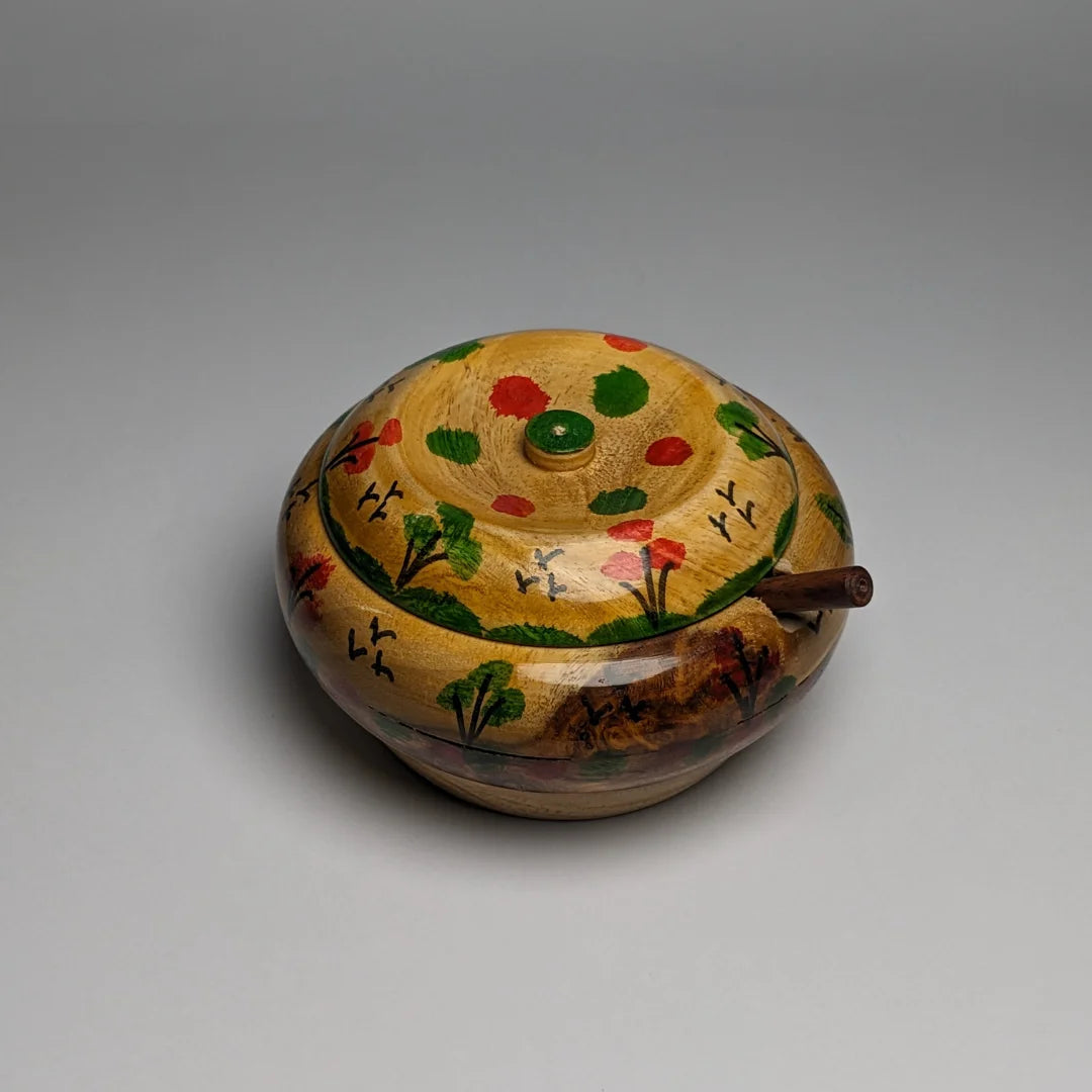 Hand-Painted Wooden Sugar Pot with Lid & Spoon