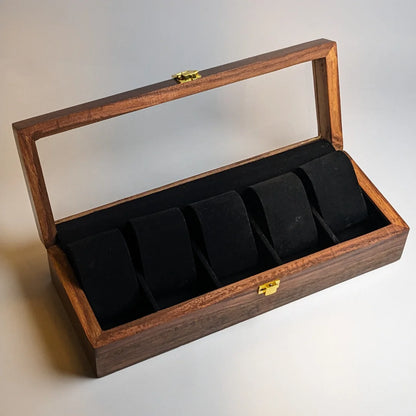 Wooden Watch Box with Glass Lid & Shape-Holding Cushions – Organizer for 5 Watches