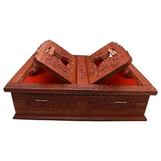 Handmade Wooden Quran Box with Carving Art & Rehal Stand - 2 in 1 Quran Holder & Storage - Woodistan