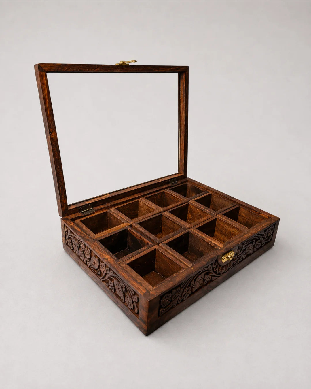 12 Portion Wooden Spices Box with Carving Art - Traditional Kitchen Storage