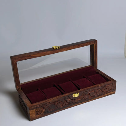 Wooden Watch Box with Glass Lid, Carving Art & Shape-Holding Cushions – Organizer for 5 Watches
