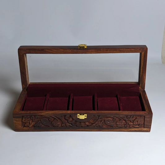 Wooden Watch Box with Glass Lid, Carving Art & Shape-Holding Cushions – Organizer for 5 Watches