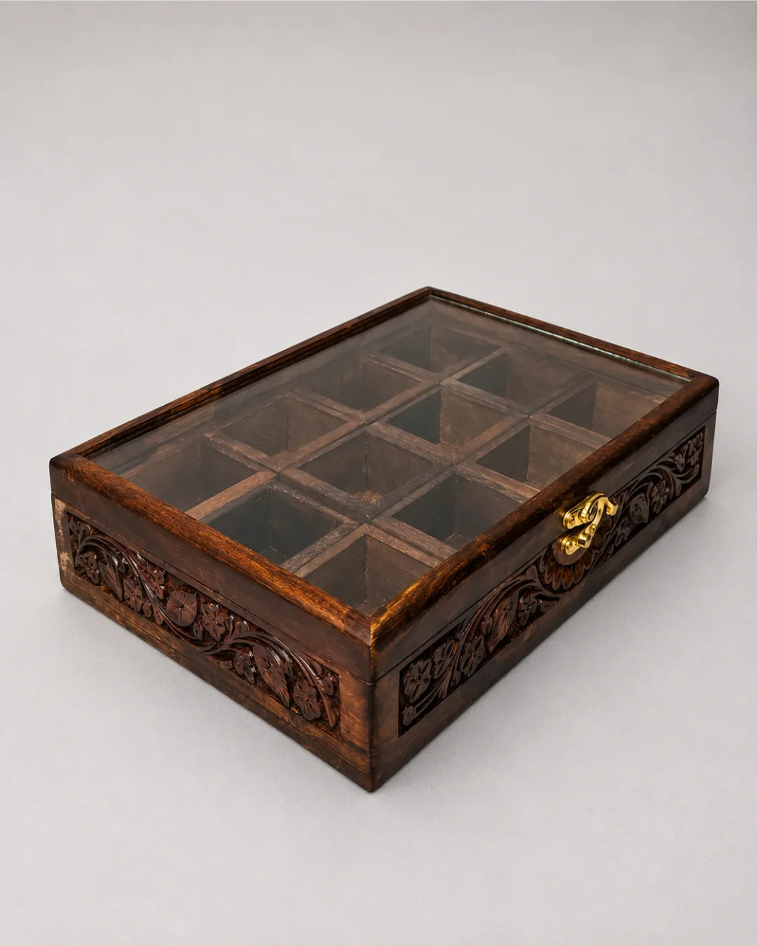 12 Portion Wooden Spices Box with Carving Art - Traditional Kitchen Storage