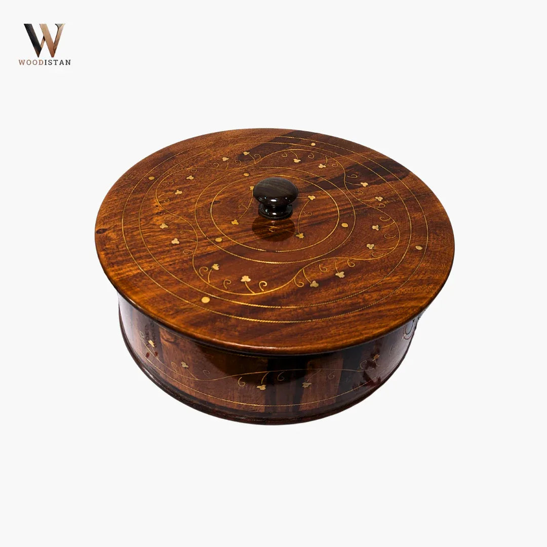 Handmade Wooden Chapati Hotpot with Brass Artwork - Woodistan