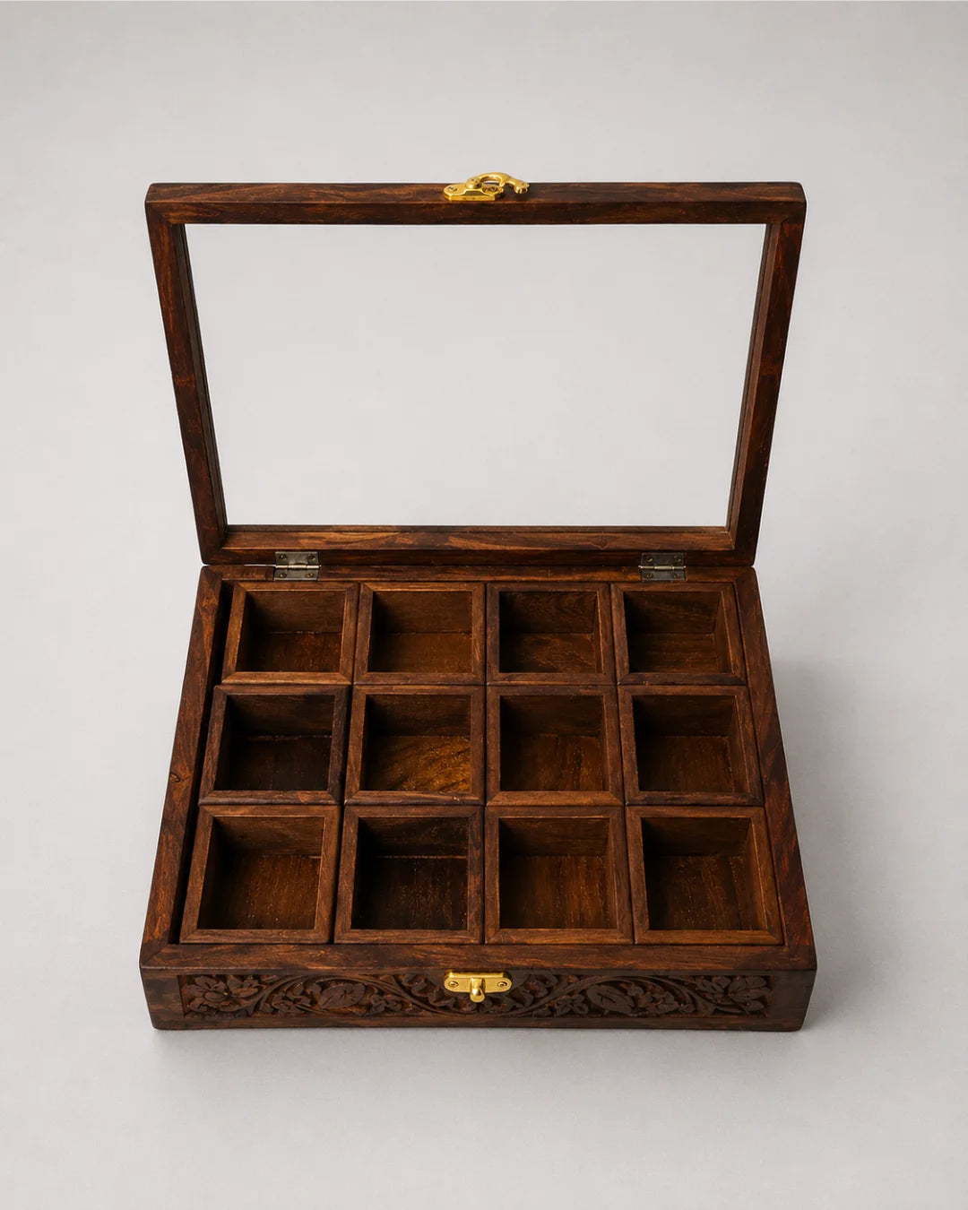 12 Portion Wooden Spices Box with Carving Art - Traditional Kitchen Storage