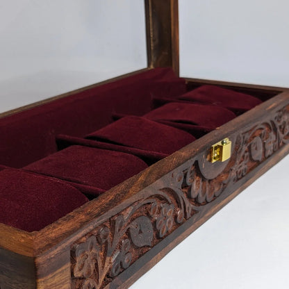 Wooden Watch Box with Glass Lid, Carving Art & Shape-Holding Cushions – Organizer for 5 Watches