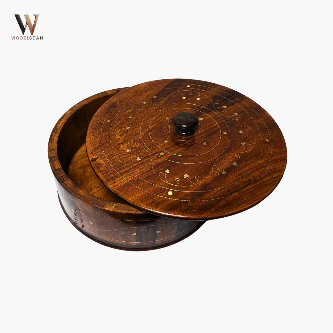 Handmade Wooden Chapati Hotpot with Brass Artwork - Woodistan