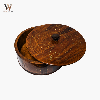 Handmade Wooden Chapati Hotpot with Brass Artwork